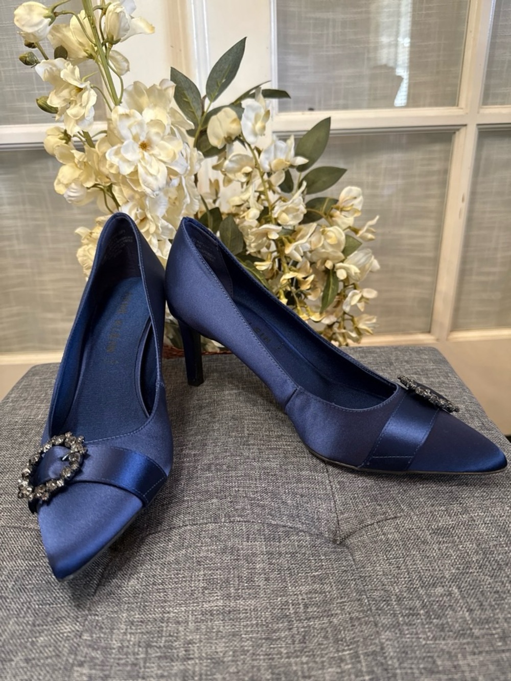 Anne Klein Navy Satin Pointed Toe Heels with Jeweled Round Buckles - Picture 2 of 6